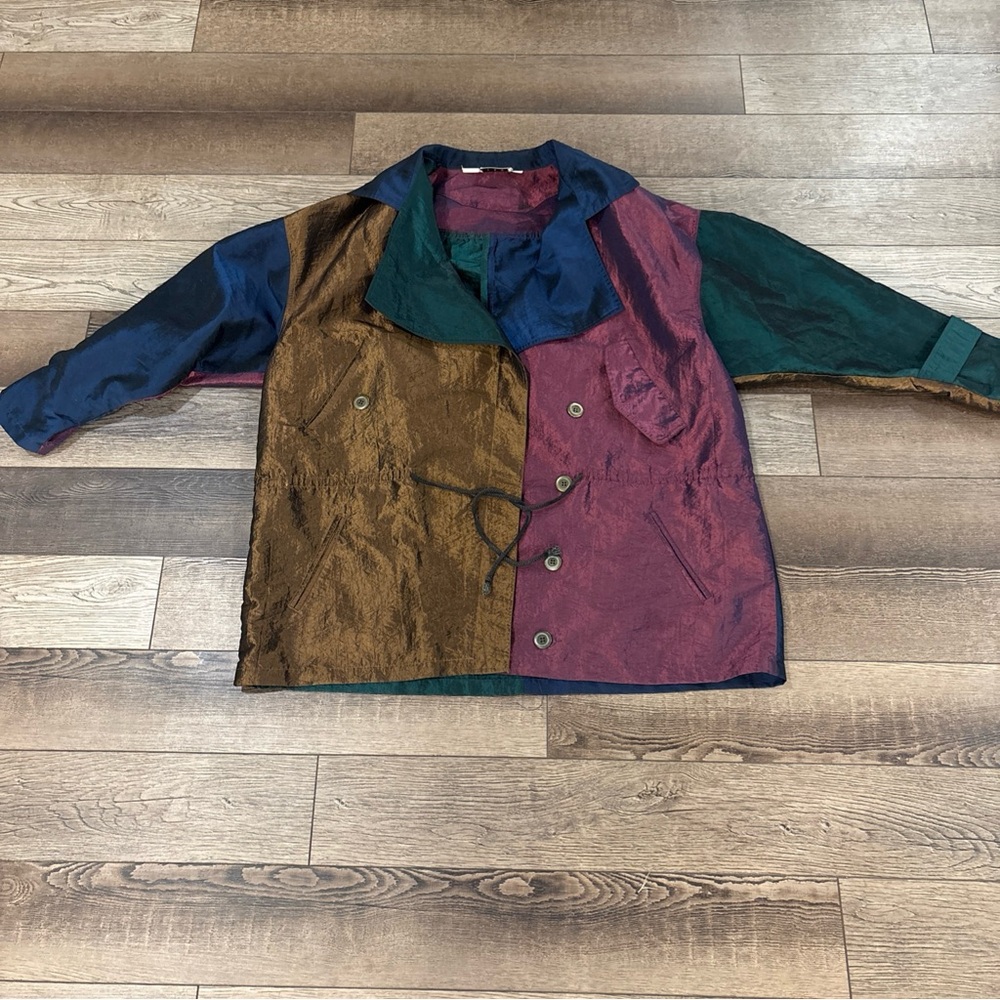 Vtg 80s Ann Tjian For Kenar Jacket Coat Sz L Colorblock Metallic Bronze Blue Red